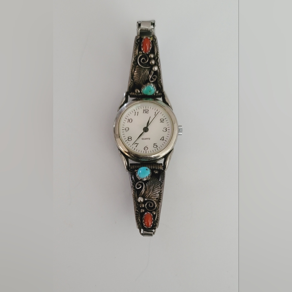 Vintage Native American Navajo SK Signed featuring sterling silver watch tip